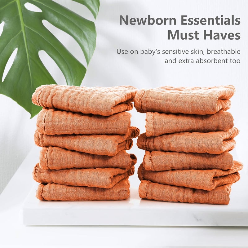 SWEET DOLPHIN 12 Pack Muslin Burp Cloths Large 100% Cotton Hand Washcloths for Baby - Baby Essentials Extra Absorbent and Soft Boys & Girls Milk Spit Up Rags for Newborn Registry - Vermilion, 20" X10" - Image 3